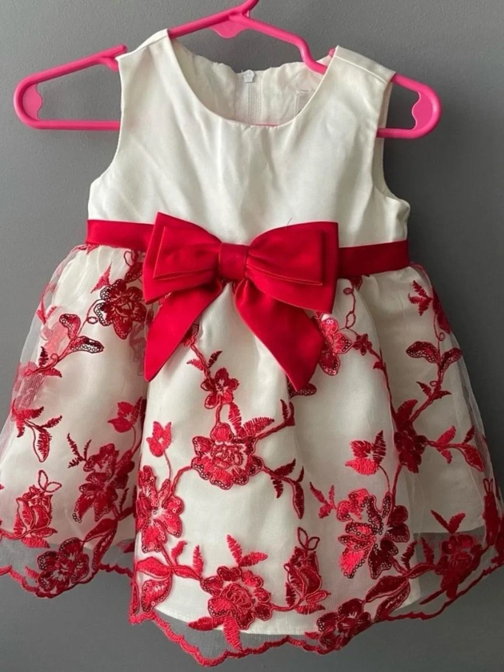 Red Floral Bow Party Dress with Red Faux-Fur Jacket